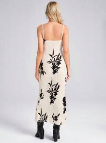 SHEIN LUNE V 领褶皱面料鱼尾腰吊带连衣裙刷印花休闲度假优雅街头女士中长连衣裙 - 彩色 - 查看 2