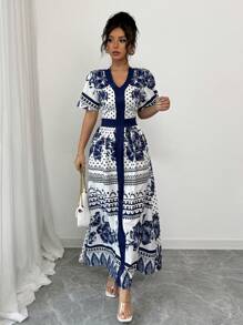 Chiquease Women's Elegant Blue Blue And White Porcelain Style Printed Long Dress Lotus Leaf Sleeve Short Sleeve Dress - Blue - View 4