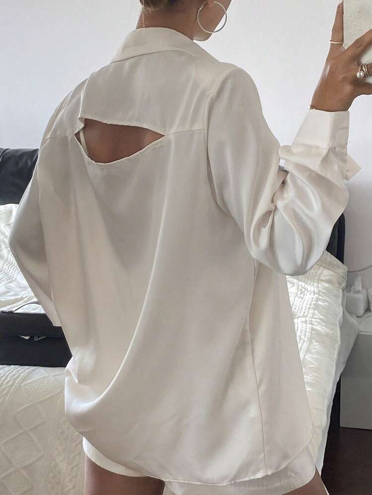 Women's Solid Color Loose Long Sleeve Hollow Out Back Casual V-Neck Shirt Summer