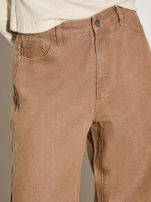 AiiRZ 超宽腿高腰直筒牛仔裤，复古休闲宽松风格，超大宽松版型秋冬时尚 - 卡其色 - 查看 4