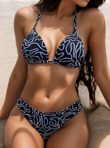 Swim Mod Women's Vacation Striped Print Halter Tie Open Back Sexy Bikini, Printed Pattern Random Summer - Multicolor - View 4