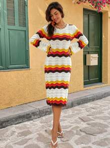 Breezaya French Style Colorblock Wave Design Striped Hollow-Out Knitted Sweater Dress - Multicolor - View 6