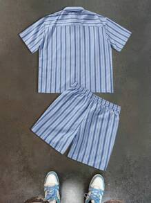 Manfinity EMRG Manfinity Hypemode Men's Front Button Short Sleeve Simple Top And Shorts Casual 2 Pieces Outfit, Men Two Pieces Outfits