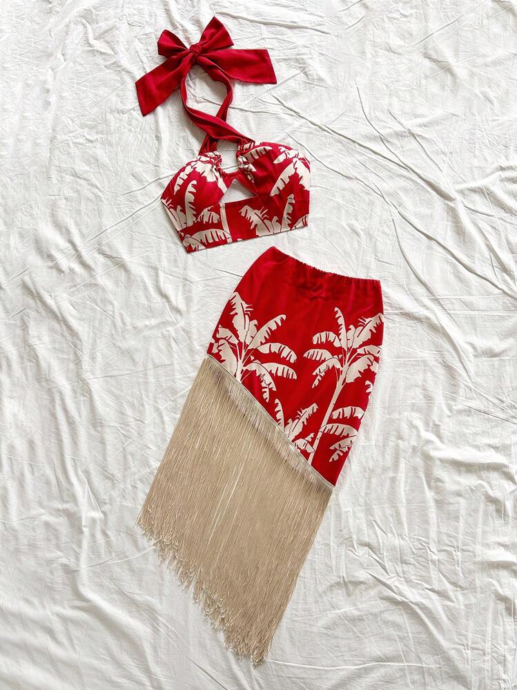 SHEIN WYWH Set de 2 piezas con top de tirantes con silueta de palmeras y minifalda con flecos, para vacaciones - Rojo - Añade 3