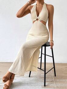 Chiquease Solid Color Cutout Halter Neck Dress With Textured Finish