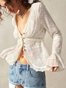 Bohemela Women's Solid Color Woven V-Neck Flared Sleeve Fitted Ruffle Trim Blouse - Beige - View 2