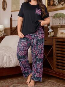 Trezura Plus Size Printed Short Sleeve & Long Pants Pajama Set