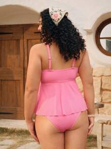 SHEIN Swim Mod Đồ bơi cỡ lớn cho nữ, Bộ đồ bơi hai mảnh Tankini họa tiết trái tim màu hồng dễ thương, Kỳ nghỉ ở bãi biển, Mùa hè - Màu vàng - Xem 5