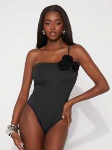 SHEIN Unity Conjunto de body con detalles de flores primaverales, de un solo hombro, atrevido, para festivales de verano, vacaciones, oficina, sirena, estilo colegial, atuendos casuales para mujer