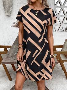 EMERY ROSE Women's Geometric Print Round Neck Short Sleeve Casual Short Dress