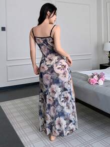 Napfluff Váy ngủ lưới hở xẻ gợi cảm họa tiết hoa viền ren cho nữ - Nhiều màu - Xem 2