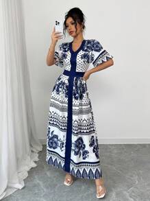 Chiquease Women's Elegant Blue Blue And White Porcelain Style Printed Long Dress Lotus Leaf Sleeve Short Sleeve Dress - Blue - View 7