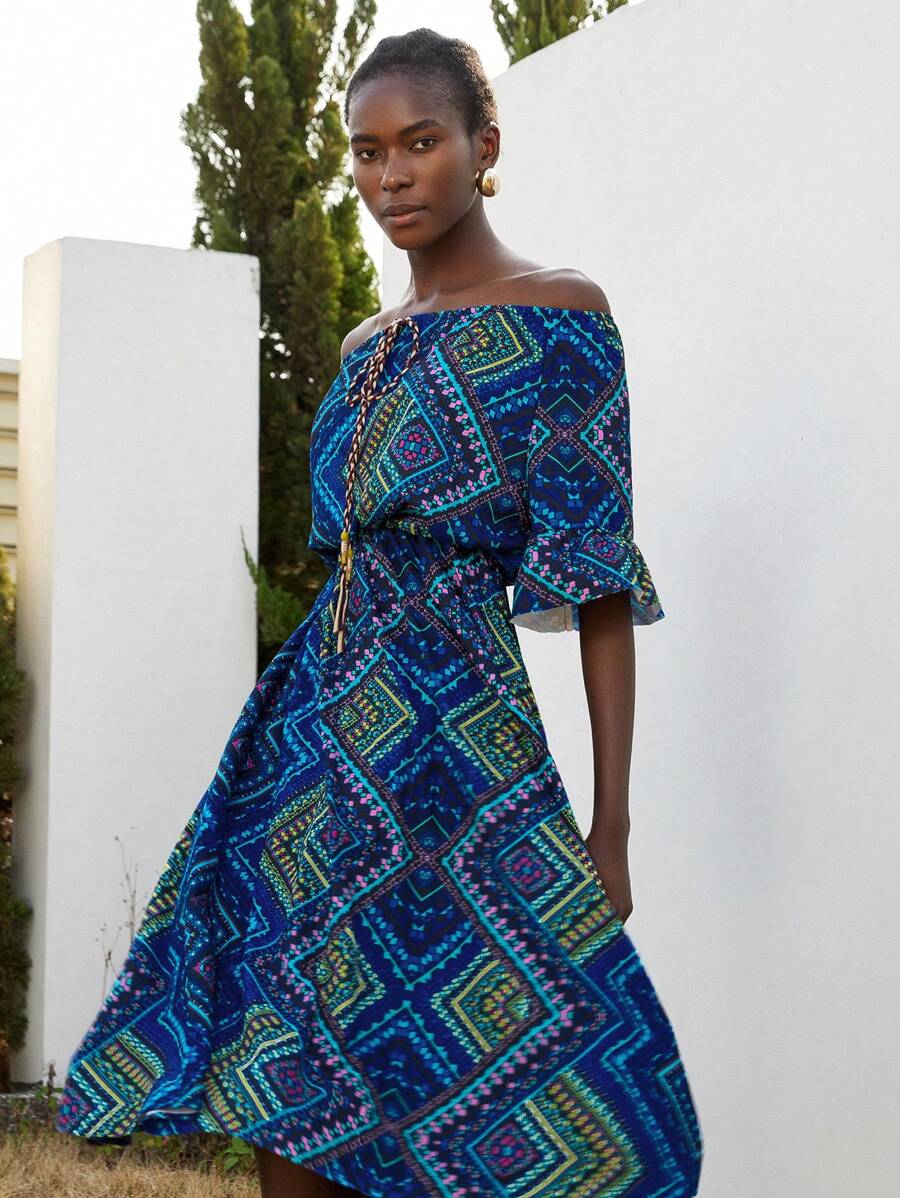 Aveloria Modichic Vestido Longo Feminino Folgado e Confortável de Duas Formas de Usar, Ombros de Fora, Cintura, Estampa Pérlis, Contraste de Cor, Decoração Exquisita de Nó - Azul Royal - Visão 1