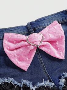 ROMWE Kawaii Pantalones cortos vaqueros de mujer con detalles de encaje, lazo y talle ultra bajo minimalista y sexy estilo Y2K - Azul - Ver 4