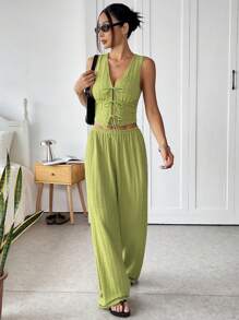 SHEIN EZwear Summer Green Textured Knit Tie-Up Camisole And Pants Set - Green - View 3