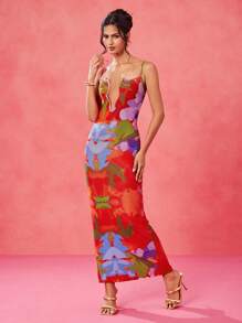 Eva Novielli Designer Multicolor Floral Printed Mesh Spaghetti Straps Deep V Bodycon Maxi Dress, Spring And Summer Sundress, Concert Outfit, Spring Break, Rave, Prom Dress, Brunch Outfits, Tea Party Dress - Multicolor - View 6