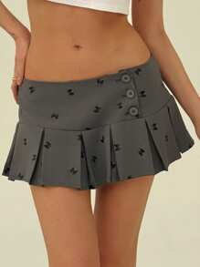 Aloruh Combo váy xếp ly cạp trễ thanh lịch, nơ xinh xắn, thêu tương phản, chống nhấp nháy, siêu ngắn, kèm quần short - Xám - Xem 4