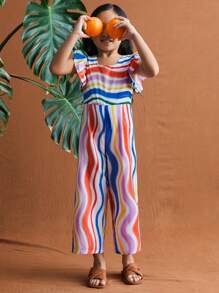 SHEIN Young Girls Cute Colorful Striped Cap Sleeve Loose Straight Leg Bodysuits & Jumpsuits, Resort & Party Styles - Multicolor - View 4