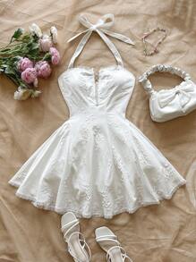 Soleia Đầm mini cổ buộc viền ren cổ điển dành cho nữ - trắng - Xem 1