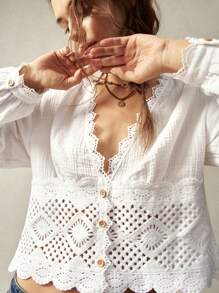Bohemela Plus Size Solid V-Neck Long Sleeve Fitted Blouse,Vintage - White - View 9