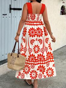 SHEIN Clasi Flowers Birds Plus Size Boho Floral Printed Casual Wide Strap Dress, Minimalist & Stylish For Daily Wear, For Summer Tropical Colorblock Floral Print Vacation Fashionable Style - Multicolor - View 2
