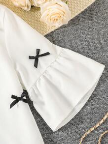 Teenage Girl Bow Decor Bell Sleeve Single-Breasted Ruffle Hem Shirt Dress - White - View 4