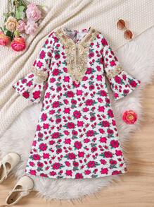 女童纯色拼接长袖休闲连衣裙