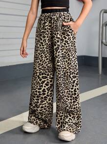 SHEIN Leap Crew Tween Girl's Contrast Black Waistband Leopard Print Fashion Woven Wide Leg Pants - Brown - View 1