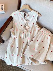 Franclia 2pcs/Set Women Heart Printed Tied Camisole And Shorts Set - Apricot - View 1