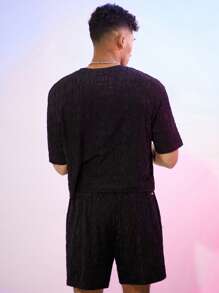 FeverCity 男士针织宽针织短袖T恤套装 - 黑色 - 查看 3