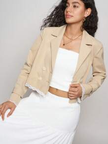 SHEIN EZwear Women's Layered Collar Long Sleeve Double-Breasted Contrast Lace Trench Coat