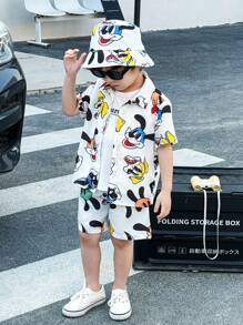 3 件装年轻男孩可爱休闲兔子短袖衬衫短裤渔夫帽三件套适合年轻男孩服装，适合年轻男孩服装。适合日常锻炼、上学、居家、日常穿着，适合日常使用，适合校服，适合旅行，适合运动，适合春夏季节。