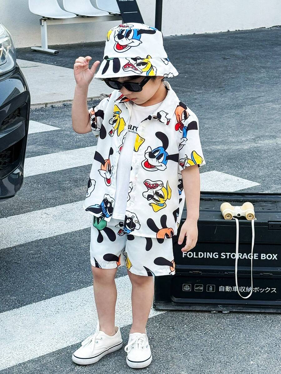 3 件装年轻男孩可爱休闲兔子短袖衬衫短裤渔夫帽三件套适合年轻男孩服装，适合年轻男孩服装。适合日常锻炼、上学、居家、日常穿着，适合日常使用，适合校服，适合旅行，适合运动，适合春夏季节。
