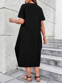 Breezaya 大码女式卡通印花圆领短袖休闲连衣裙 - 黑色 - 查看 2