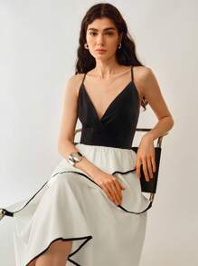 Chiquease Women Velvet Patchwork Contrast Color Tiered Midi Dress