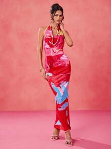 Eva Novielli 设计师抽象花卉印花吊带垂领露背弹力针织夏季超长太阳裙，热带风情，女士海滩，音乐会，优雅，度假，西装，波西米亚风，音乐会服装舞会礼服婚礼早午餐服装茶会礼服狂欢服装 - 彩色 - 查看 7