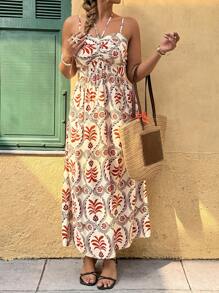 Breezaya Plus Size Women's French Elegant Casual Vacation Music Festival Print Fabric Halter Waist Fit Flare Dress, Spring/Summer - Multicolor - View 6