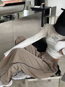 DAZY 女士前系带条纹拼布休闲长裤，日常穿着 - 卡其色 - 查看 5