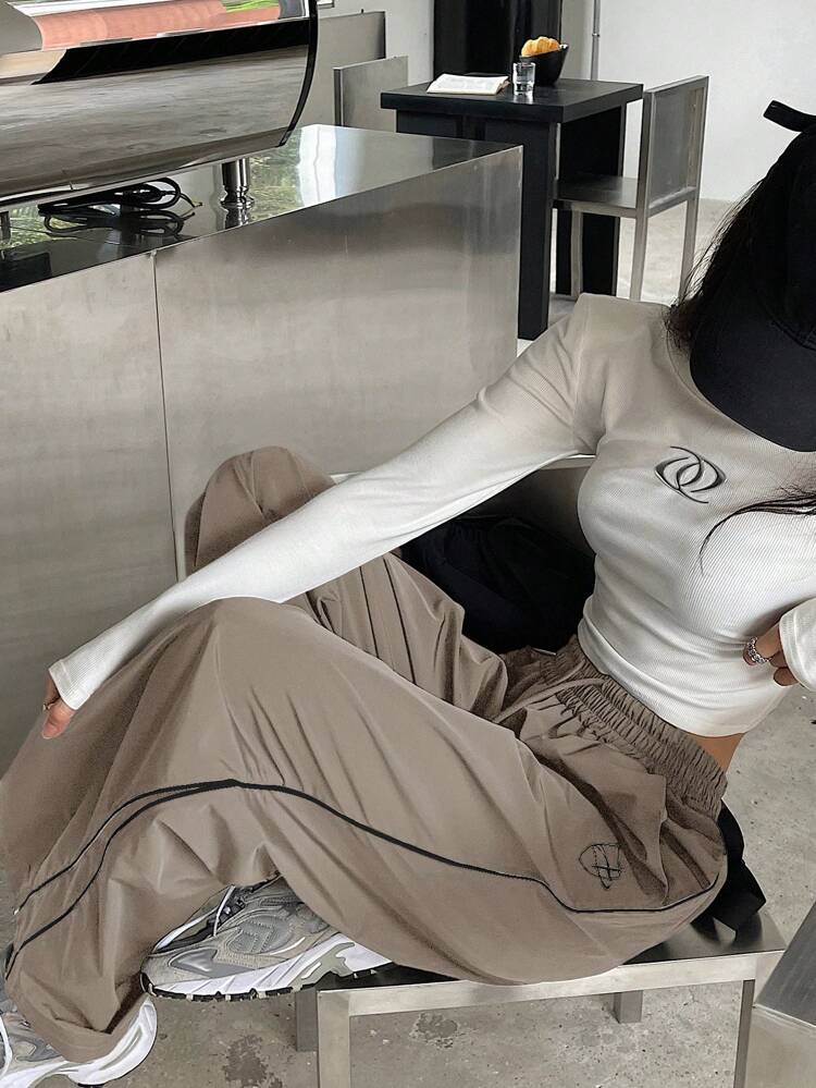 Women Front-Tie Striped Patchwork Casual Long Pants, Everyday Wear Wide Pants