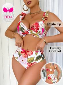 Swim DD+ Women Floral Print Ruffle Twisted Bikini Set Top & Bottom , Summer Beach Vacation