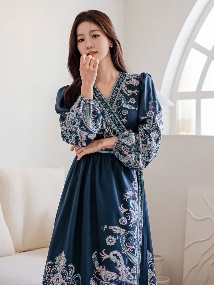 Vintage Elegant Paisley Print Tie Waist Wrap Long Dress For Women Boho,Fall Dress Long Sleeve Dress Vacation Outfits Women Maxi Dress Floral Dresses For Women