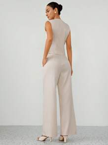 Aveloria Modichic Conjunto de traje de mujer compuesto por un chaleco de cierre de botón con orilla en arco de estilo casual y oficina y pantalones anchos de pierna ancha - Caqui - Ver 2