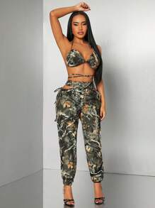 SHEIN SXY 2pcs Sexy Casual Street Camouflage Cargo Set: Bra Top And Wide Leg Cargo Pants, Daily Wear/Party/Club/Music Festival,Summer Sets - Multicolor - View 3