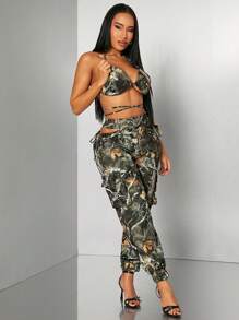 SHEIN SXY 2pcs Sexy Casual Street Camouflage Cargo Set: Bra Top And Wide Leg Cargo Pants, Daily Wear/Party/Club/Music Festival,Summer Sets - Multicolor - View 1