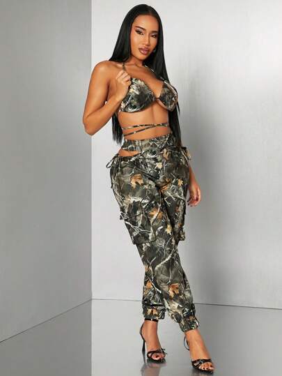 SHEIN SXY 2pcs Sexy Casual Street Camouflage Cargo Set: Bra Top And Wide Leg Cargo Pants, Daily Wear/Party/Club/Music Festival,Summer Sets