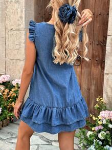 SHEIN Maternity Blue Denim V-Neck Short Dress With Cap Sleeves,Year-Round,For Spring/Summer Holiday,Suitable For Summer,Blue Summer,Vacation Outfits Woman,Easter,Spring,Western,Office Outfits For Women,Rave Outfits,Baby Shower Dress,Cottagecore,Country Outfits Women, Chic,Dresses For Women Elegant,Beach Dress,Graduation Dress,Vacation Dress,Easter Dress,Sundress,Mother Day/Mom/Mother/ Mommy/Mother's Day/Mama/Mum/Mother's Day Gift - Blue - View 2