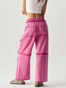 Bohemela Plus Size Solid Color Knitted Loose Cargo Pants,Vintage - Hot Pink - View 2