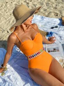 SHEIN Swim 1 件女式吊带钢圈贝壳罩杯聚拢连体泳衣，夏季海滩度假 - 橘色 - 查看 4