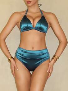 Swim SXY 2pcs Spring Break New Solid Color Triangle Halter Twist Ruched Summer Beach Holiday Party Sexy Elegant Women Swimwear Bikini Set - Blue - View 6