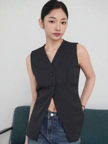 DAZY Chaleco casual sin mangas con botones delanteros para mujer, blazers entallados para mujer